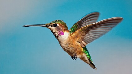Vibrant hummingbird in flight against a clear blue sky