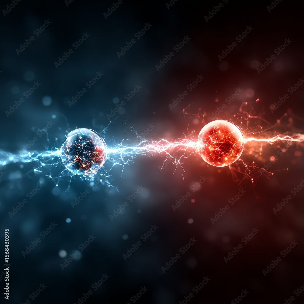 Poster Collision of Red and Blue Energy Orbs: Visualizing Power, Science, and Interconnectivity.