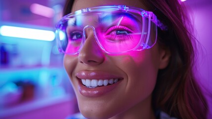 Smiling woman with glowing pink glasses in a futuristic, colorful scene