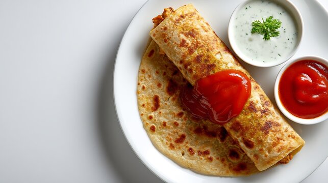 Pakistani roll paratha chicken tikka filling ketchup and raita white background top down view