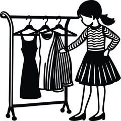 Girl Choosing Outfit Fashion Illustration of a Young Girl Selecting Clothes from a Clothing Rack