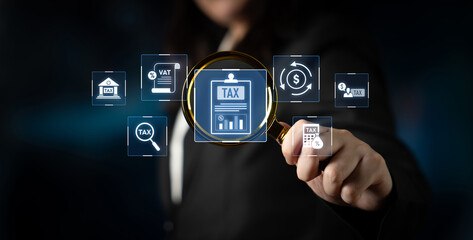 Financial regulation and tax compliance concept showing tax document, VAT, transaction flow, and...