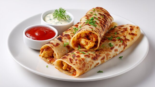 Pakistani roll paratha chicken tikka filling ketchup and raita white background top down view