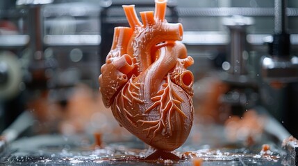 3D printed heart, realistic detail, orange color, machine backdrop