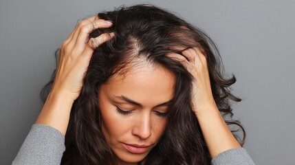 Woman examines hairline with concern. Hair loss is a common issue, but can be treated with proper care and support to promote confidence.