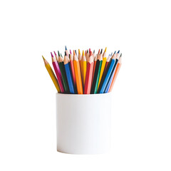 Vibrant Array of Colorful Pencils Arranged Neatly in a White Container Against a Bright [Transparent Background PNG].