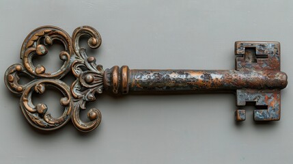 Ornate, aged key. Worn metal shows signs of use. Intricate decorative detail on bow
