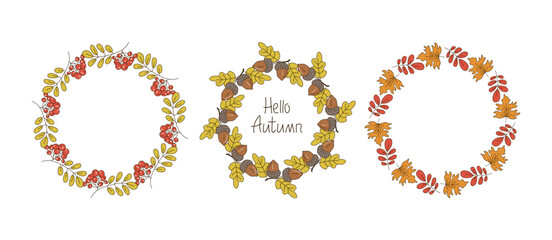 Round frame set, banner autumn. Leaves, acorns, berries, wreath, leaf fall. Hello autumn, inscription. Hand lettering, doodles, drawings. Natural botanical background.
