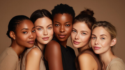 Obraz premium Multicultural models showing confidence and harmony in beauty shot diverse beauty standards, empowering women, skincare diversity, cosmetic models, unity in diversity, feminine por