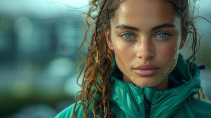 Woman w/ curly hair & piercing blue eyes; green jacket in blurred backdrop