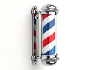 A barber pole with red white and blue stripes attached to a white wall in a studio setting
