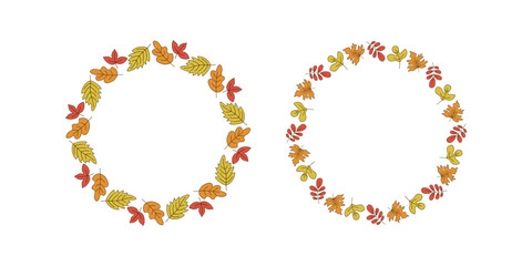 Frame round set, banner autumn. Oak leaves, rowan leaf, maple leaf, wreath, leaf fall. Hand drawn, doodle, drawing. Natural botanical background, postcard design, harvest festival.
