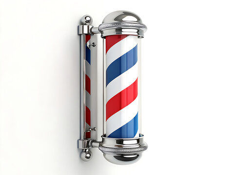 A barber pole with red white and blue stripes attached to a white wall in a studio setting