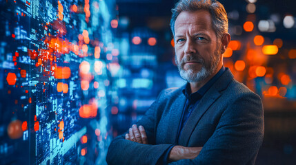 Confident businessman analyzing data in a high-tech environment