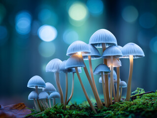 Glow of Fairy Circle With Luminous Mushrooms in Enchanted Forest at Dusk