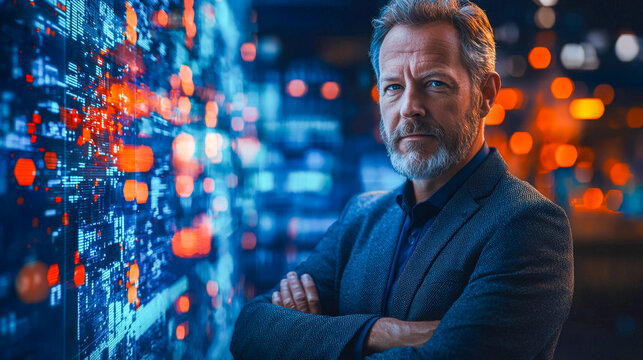 Confident businessman analyzing data in a high-tech environment