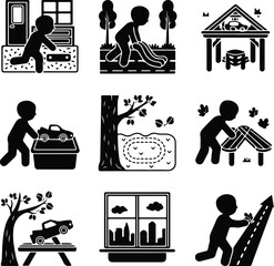 Toddler Playing with Toy Car Icon – Childhood Silhouette Pack Boy with Toy Car Silhouette Set – Cute Kids Playing Vector Icons