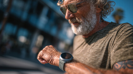 Elderly man checking smart fitness tracker during sunny day at the beach