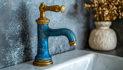 Vintage blue and gold faucet near a marble sink with a decorative vase in the background