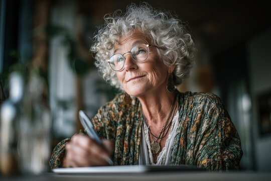Elderly woman thoughtfully journaling health data in a cozy room