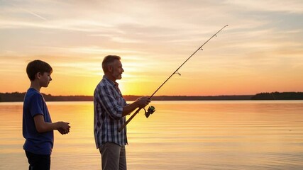 Father's day grandfather and grandson fishing at sunset, family time, outdoor recreation, fishing rod and reel, lake view
