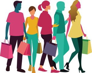 Happy Shoppers A Colorful Illustration of People Enjoying Retail Therapy