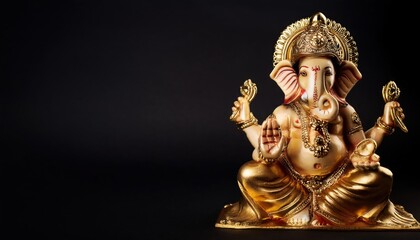 Fototapeta premium Gold Ganesha in Sitting Pose on Dark Black Background
