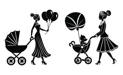 Abstract Mother Pushing Baby Stroller with Balloon  Vector Illustration.

