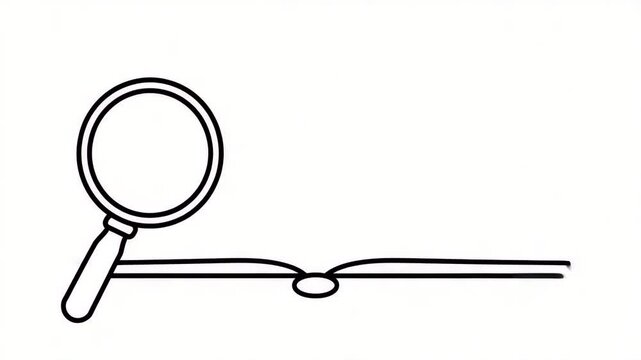 Line art showing magnifying glass and open book, an illustration in minimalist style.