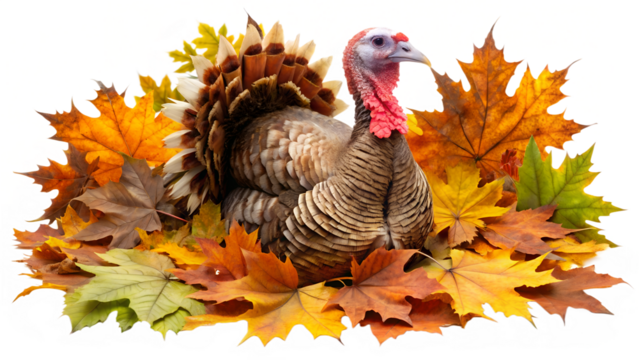 Turkey Surrounded by Autumn Leaves on Transparent Background turkey surrounded
