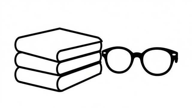 Line art drawing of stacked books and glasses, representing studying in simple black and white.