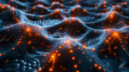 Curvy, dark metallic surface with glowing orange spots clustered on peaks