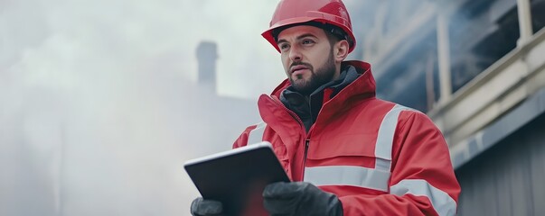 A safety officer in a red helmet and jacket stands confidently on-site, reviewing documents while surrounded by a smoky environment, emphasizing the importance of safety in hazardo