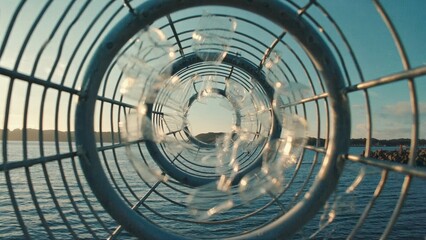 Abstract view through circular metal structure by the sea at sunset