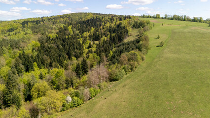Obraz premium Aerial view of lush green hills and dense forests under a clear blue sky, showcasing the beauty of nature in spring with vibrant colors and tranquility.