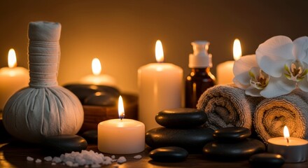 Spa still life with white orchids, black stones, and lit candles for relaxation and self care.