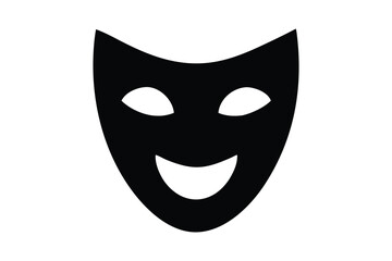 A simple black silhouette of a theatrical mask with a smiling expression, featuring large, oval eye openings. The mask has a smooth, curved upper edge and a wide, rounded lower edge