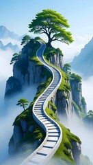 Majestic mountain staircase with lush greenery and serene landscape scenic vista pathway dream