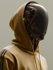 Futuristic humanoid figure wearing a beige hoodie with a sleek, reflective mask