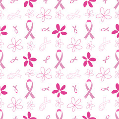 Pattern of pink ribbons and flowers on white background
