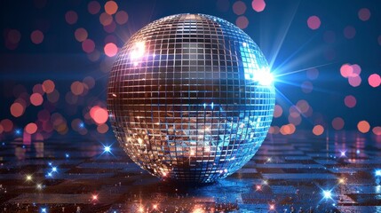 Gleaming disco ball on reflective surface with colorful bokeh highlights in the background