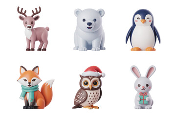 Naklejka premium Six Adorable Winter Animal Icons Set Isolated on White Backgrounds P N G Transparent Cutout Clipping Path Full H D 4 K Image Set Bundle Stock Photo Picture Download New Latest 2025 2026