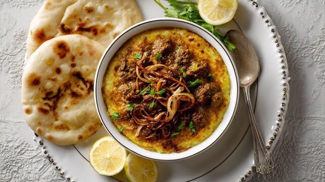 Pakistani Saraiki hareesa slow cooked meat porridge crispy onions served with naan and lemon slices on white background in wedding style plating top down view