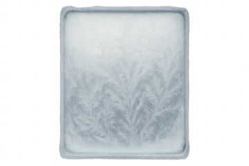 Intricate frost patterns creating a delicate, wintery scene on a square glass pane, isolated on a transparent background