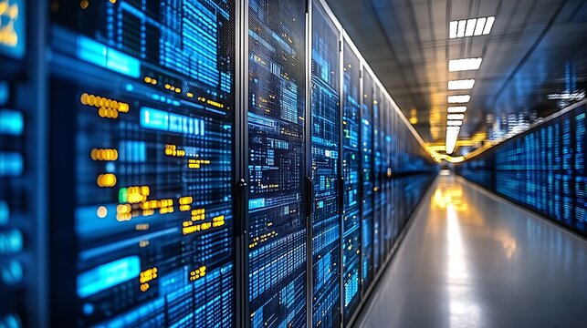 Server racks in data center hallway.
