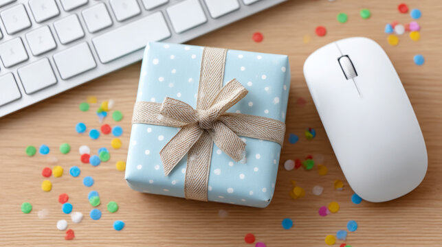 Festive setup with gift box on desk - polka dot wrapping, keyboard, and mouse