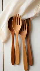 Wooden spoons and forks kitchen utensils cooking tools rustic style table setting flat lay cutlery