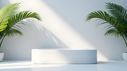 White product display podium with palm leaves minimal background for product presentation mockup