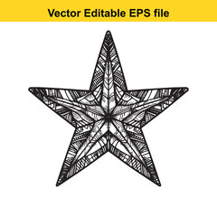 Artistic Black and White Star with Intricate Patterns Detailed Hand Drawn Design Ready for Coloring or Creative Projects