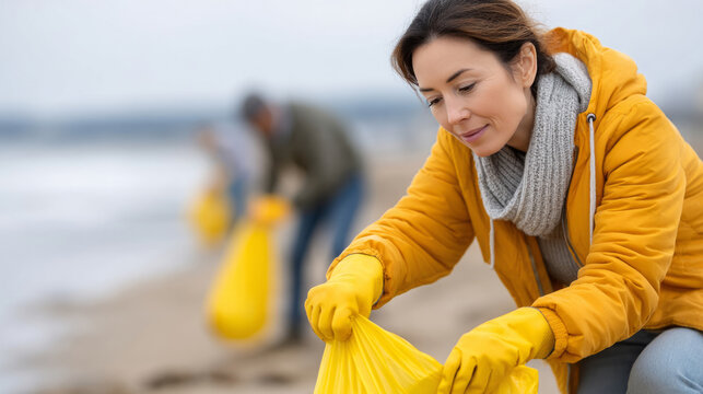Community effort for ocean cleanup and environmental conservation on a cloudy beach